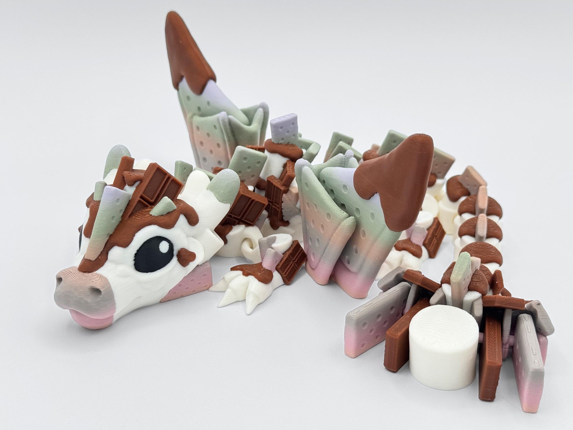3D Printed S’mores Dragon Figurine, Articulated Fantasy Creature Campfire Desert