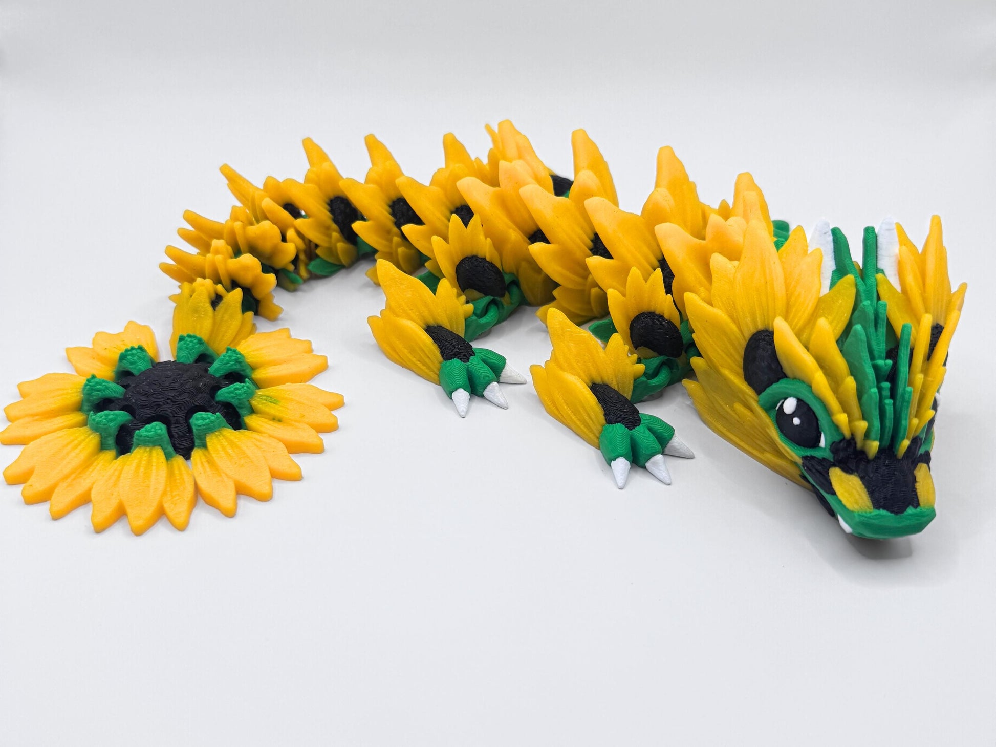 Sunflower Dragon 3D Printed Figurine, Articulated Fidget Fantasy Desk Decor, Custom Colors