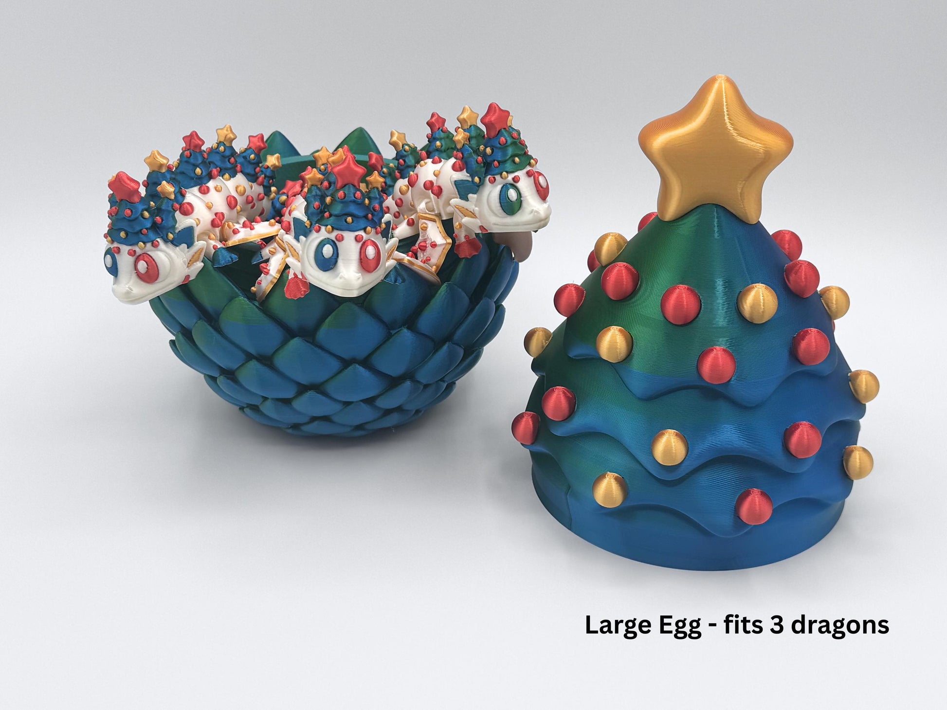 3D Printed Christmas Dragon with Egg, Holiday Tabletop Decor Winter Centerpiece